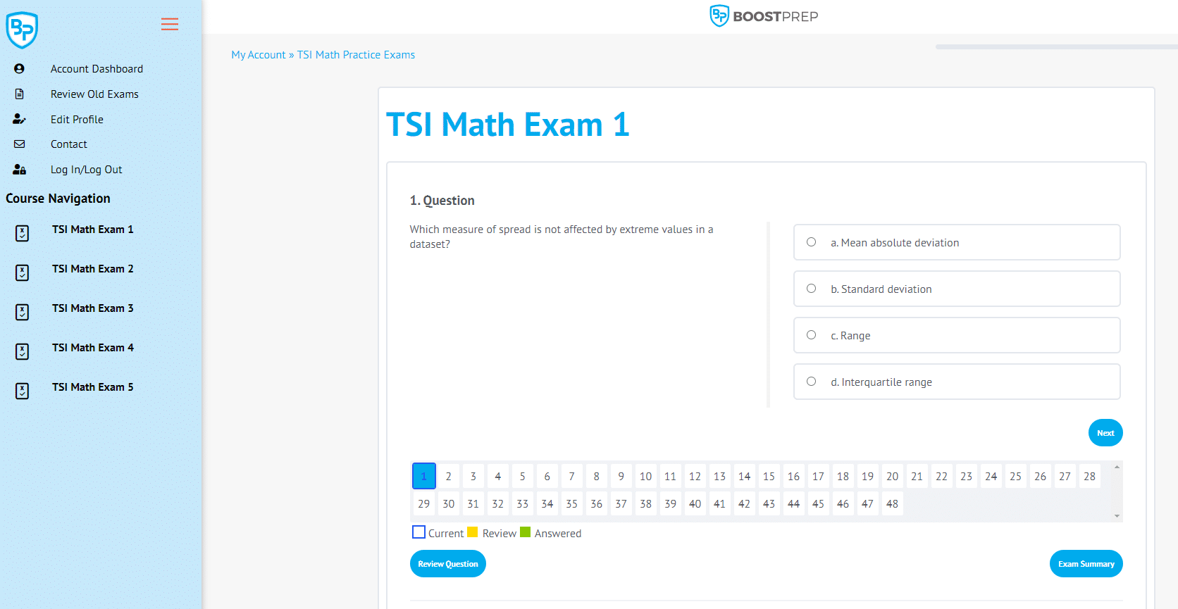 A screenshot of the TSIA2 math practice exam